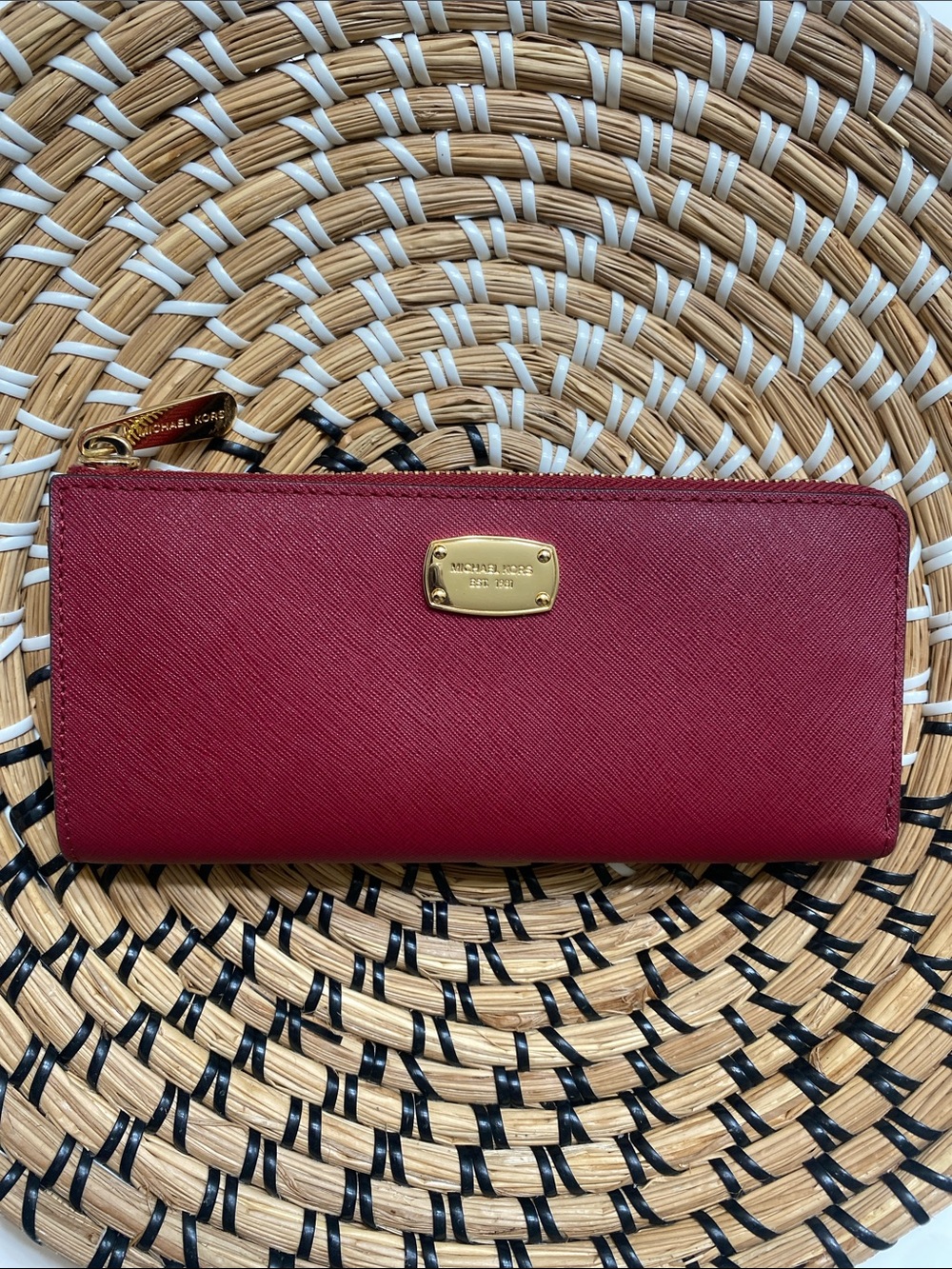 Michael Kors Burgundy Zip-Around Wallet with Gold Plate